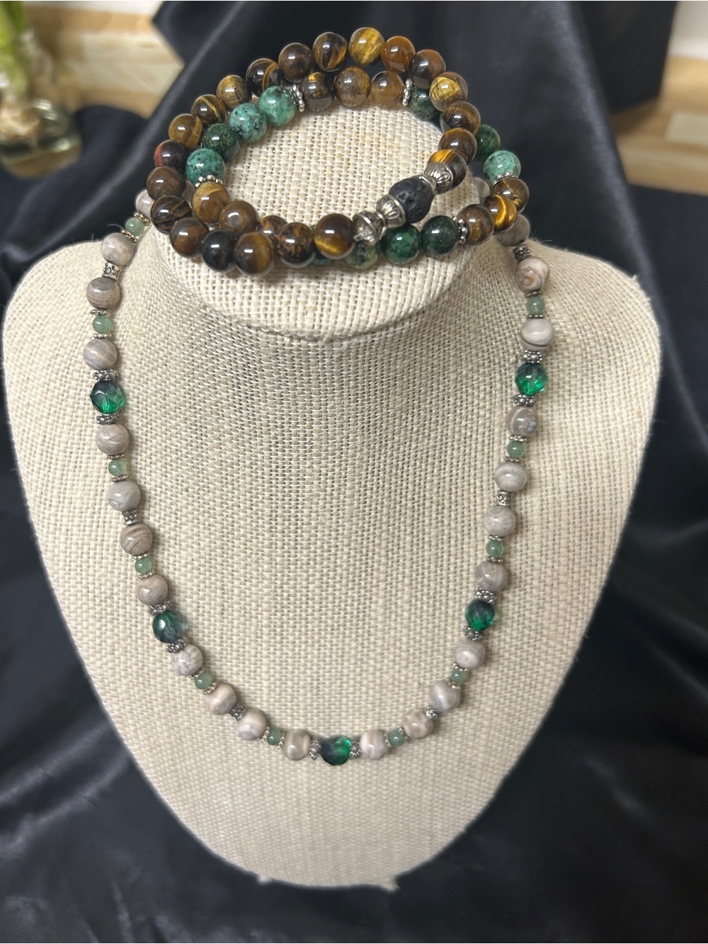 Vintage Handcrafted Green and Brown Beaded Necklace and New Bracelet Set